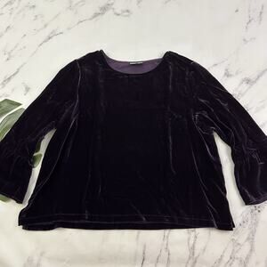 Habitat Womens Velvet Blouse Top Size L Dark Purple Bell 3/4 Sleeve Boat Neck